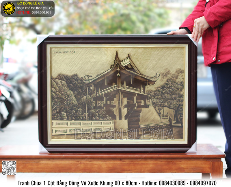 Tranh Chùa Một Cột Bằng Đồng Vẽ Xước Khung 60 x 80cm