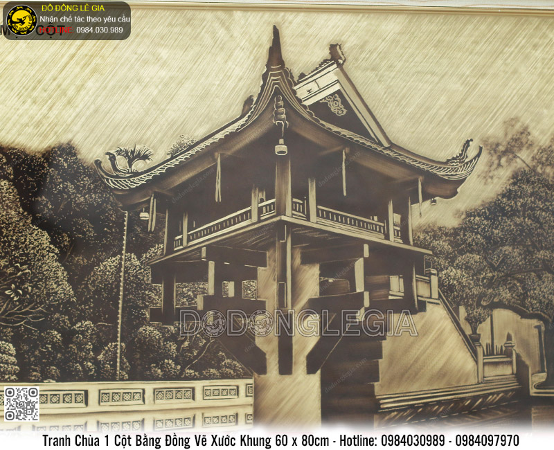 Tranh Chùa Một Cột Bằng Đồng Vẽ Xước Khung 60 x 80cm