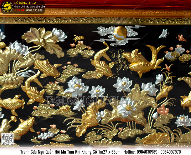 Tranh Cửu Ngư Quần Hội Mạ Tam Khí Khung Gỗ 1m27 x 68cm