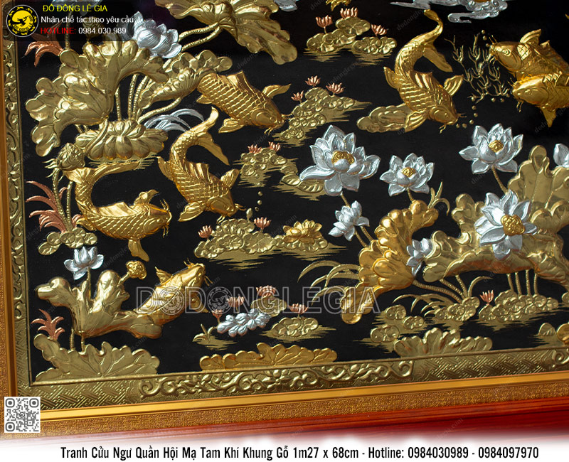 Tranh Cửu Ngư Quần Hội Mạ Tam Khí Khung Gỗ 1m27 x 68cm