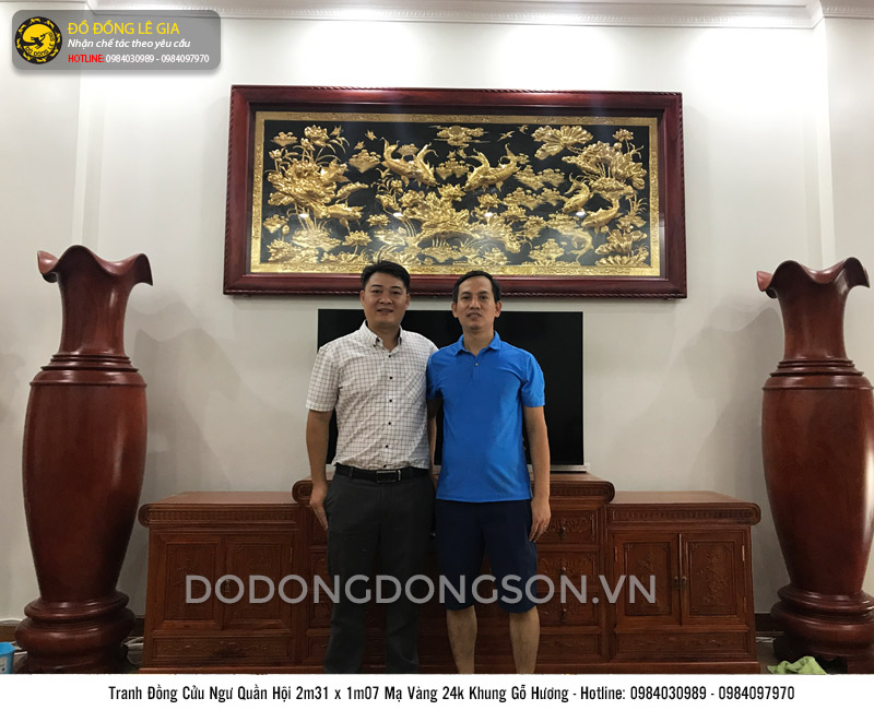 Tranh cửu ngư quần hội mạ vàng 24k khung gỗ gụ