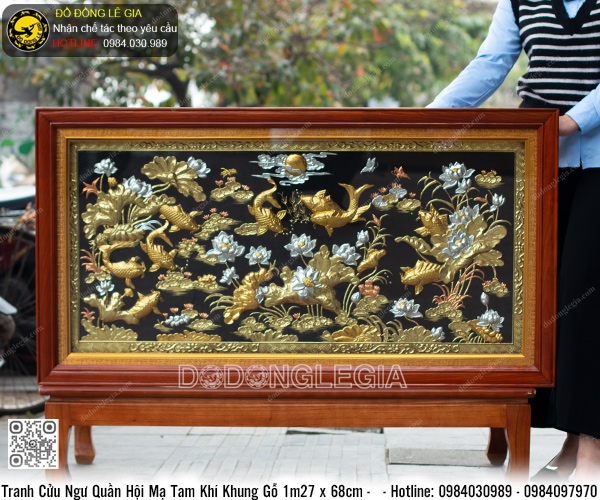 Tranh Cửu Ngư Quần Hội Mạ Tam Khí Khung Gỗ 1m27 x 68cm