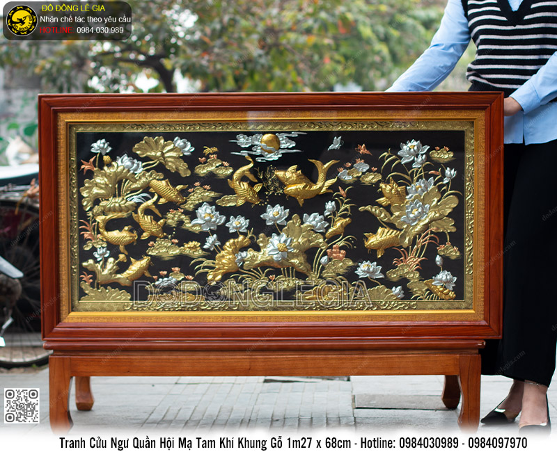 Tranh Cửu Ngư Quần Hội Mạ Tam Khí Khung Gỗ 1m27 x 68cm