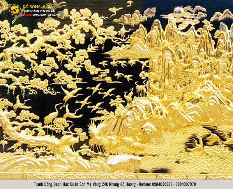 Tranh đồng bách hạc quần sơn mạ vàng 24k