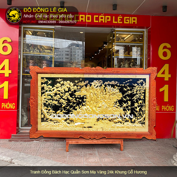 Tranh đồng bách hạc quần sơn mạ vàng 24k