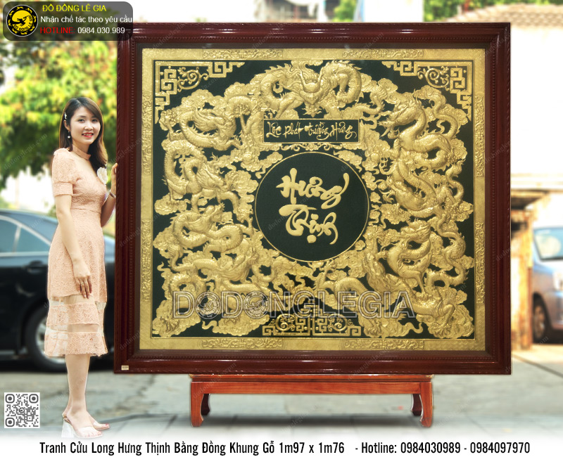 Tranh Cửu Long Hưng Thịnh khung gỗ 1m97 x 1m76