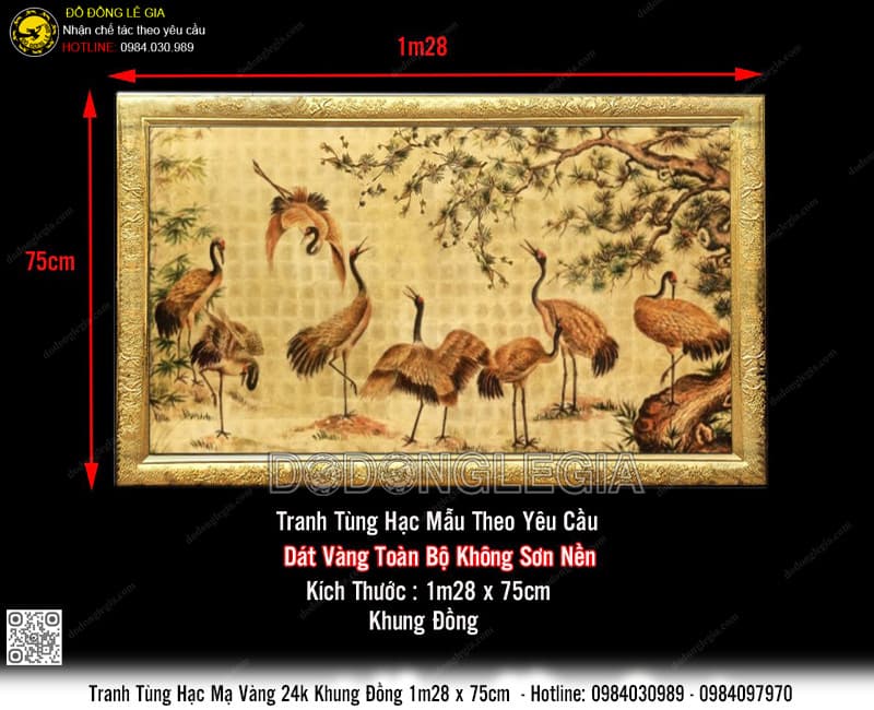 Tranh Tùng Hạc mạ vàng 24k khung đồng 1m28x75cm