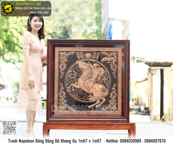 Tranh Napoleon bằng đồng đỏ khung gỗ gụ 1m07 x 1m07