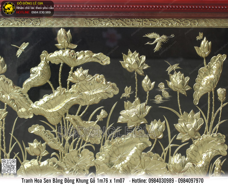 Tranh Hoa Sen Bằng Đồng Khung Gỗ 1m76 x 1m07