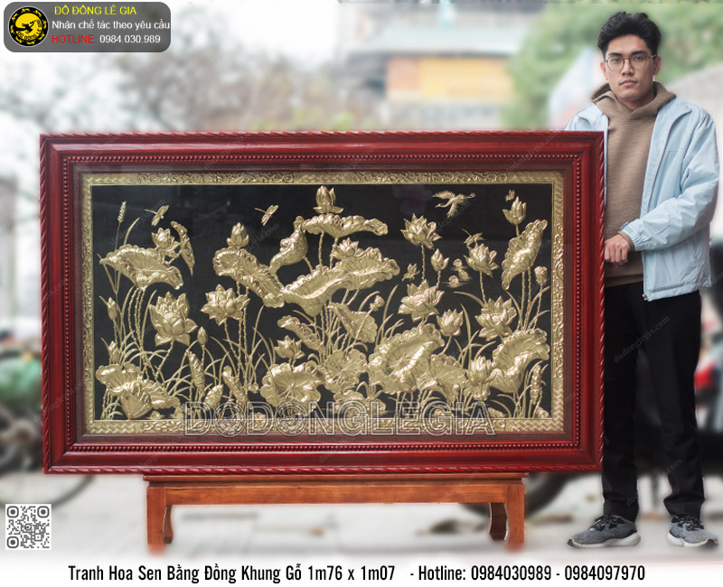 Tranh Hoa Sen Bằng Đồng Khung Gỗ 1m76 x 1m07