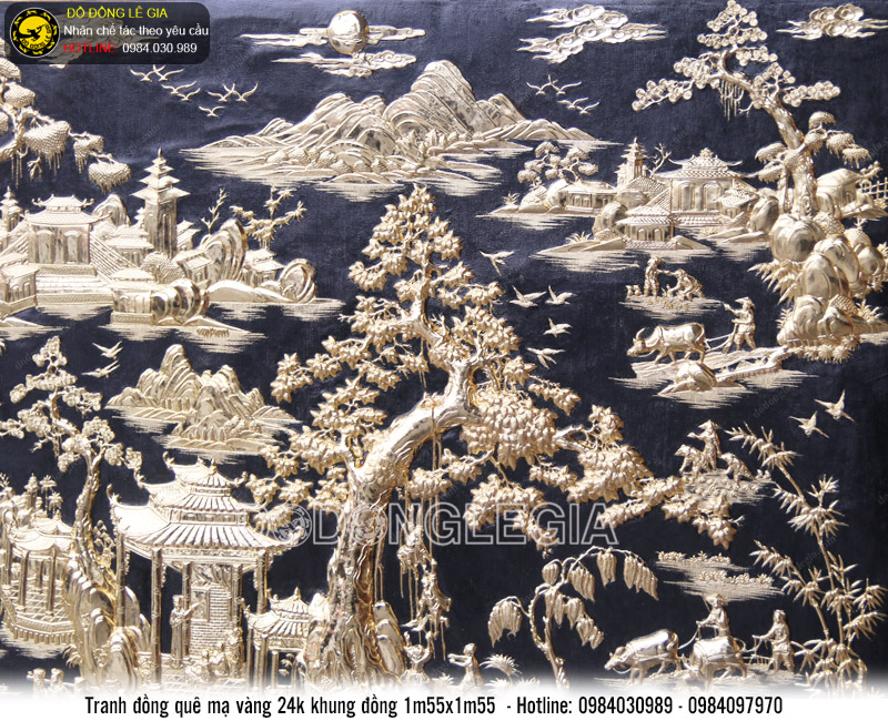 Tranh đồng quê mạ vàng 24k khung đồng 1m55 x 1m55