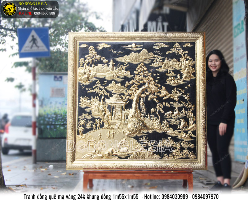 Tranh đồng quê mạ vàng 24k khung đồng 1m55 x 1m55