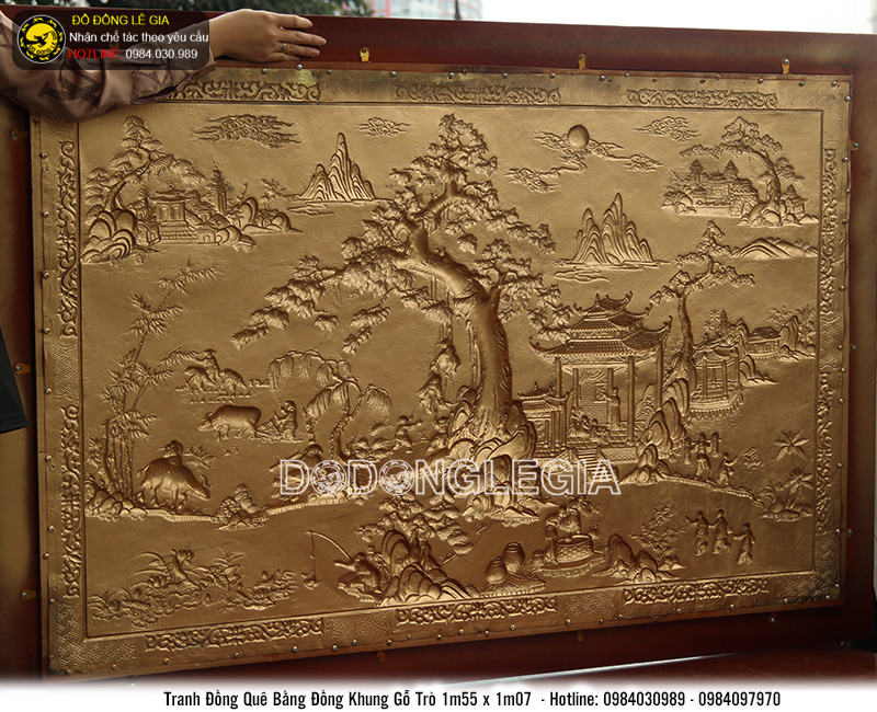 Tranh đồng quê bằng đồng khung gỗ tự nhiên