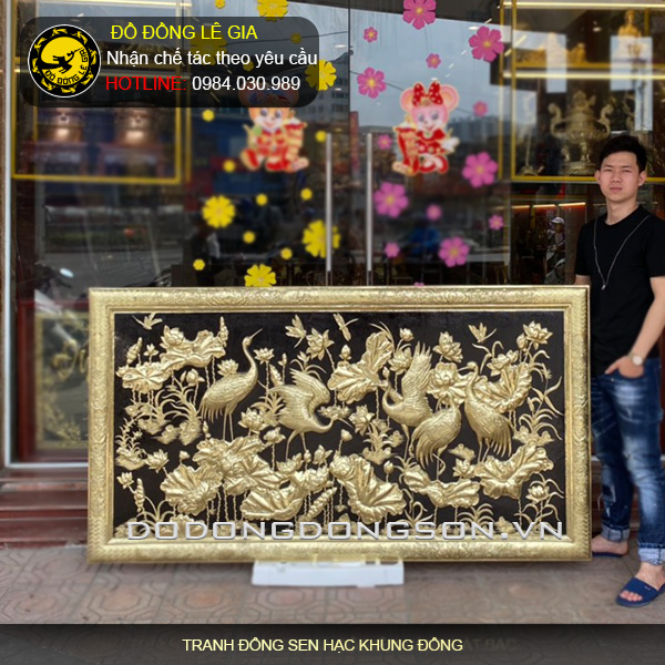 Tranh đồng sen hạc khung đồng 197x107cm