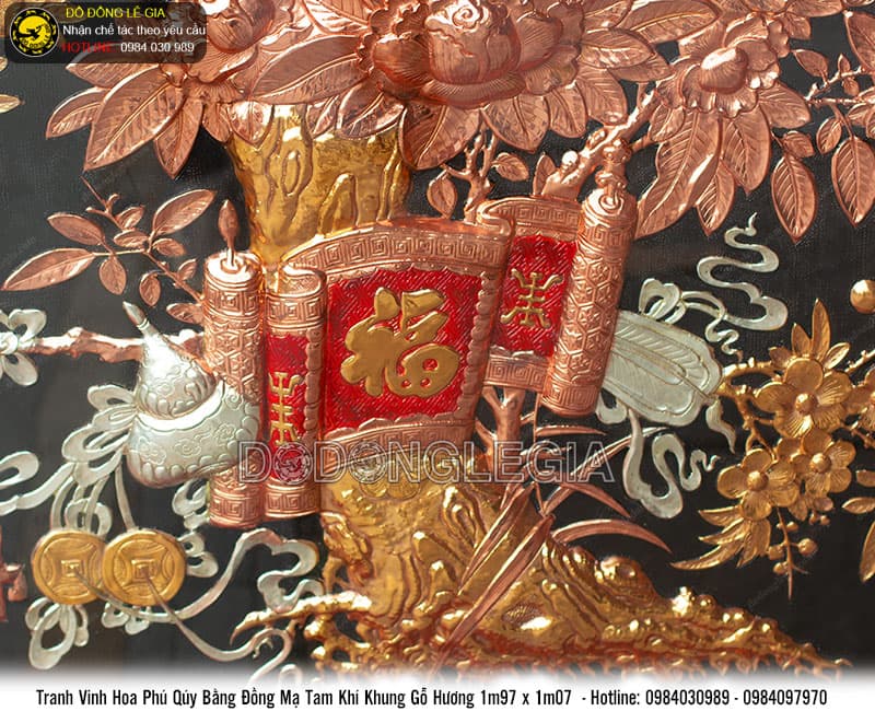 Tranh Vinh Hoa Phú Quý mạ tam khí khung gỗ hương 1m97x1m07