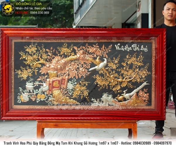Tranh Vinh Hoa Phú Quý mạ tam khí khung gỗ hương 1m97x1m07