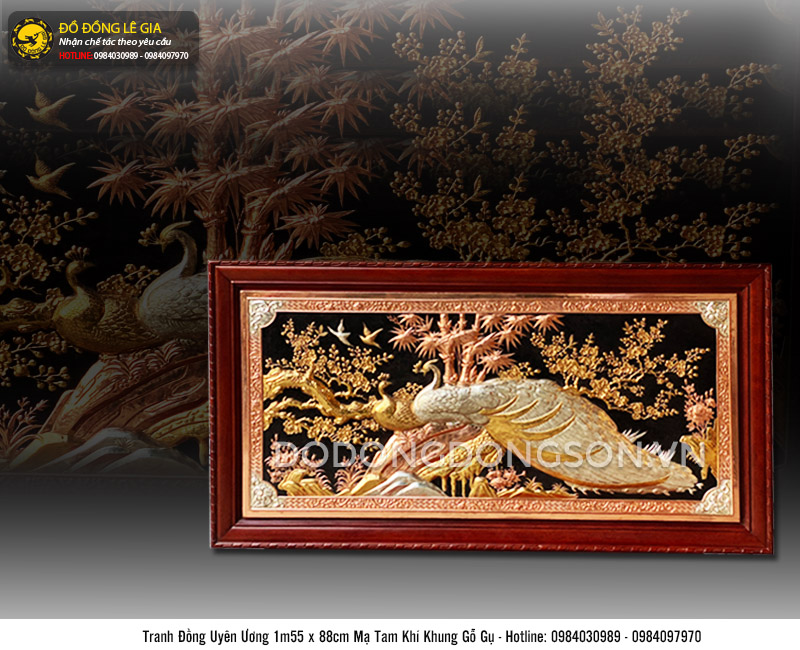 Tranh Uyên Ương bằng đồng đỏ mạ tam khí vàng bạc