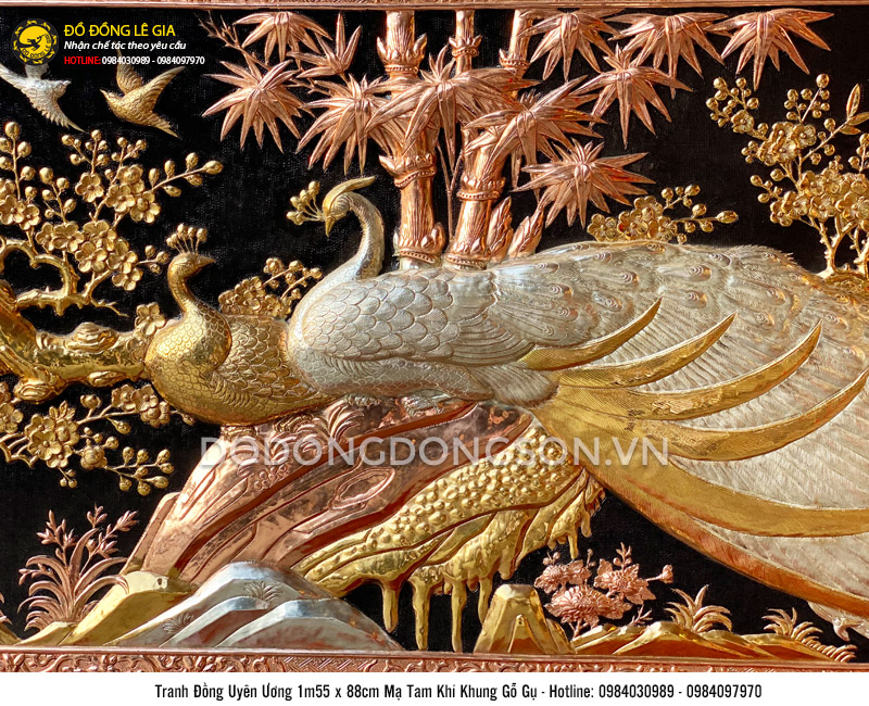 Tranh Uyên Ương bằng đồng đỏ mạ tam khí vàng bạc