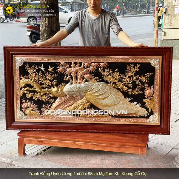 Tranh Uyên Ương bằng đồng đỏ mạ tam khí vàng bạc