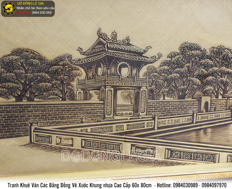 Tranh Khuê Văn Các bằng đồng vẽ xước 60x80cm