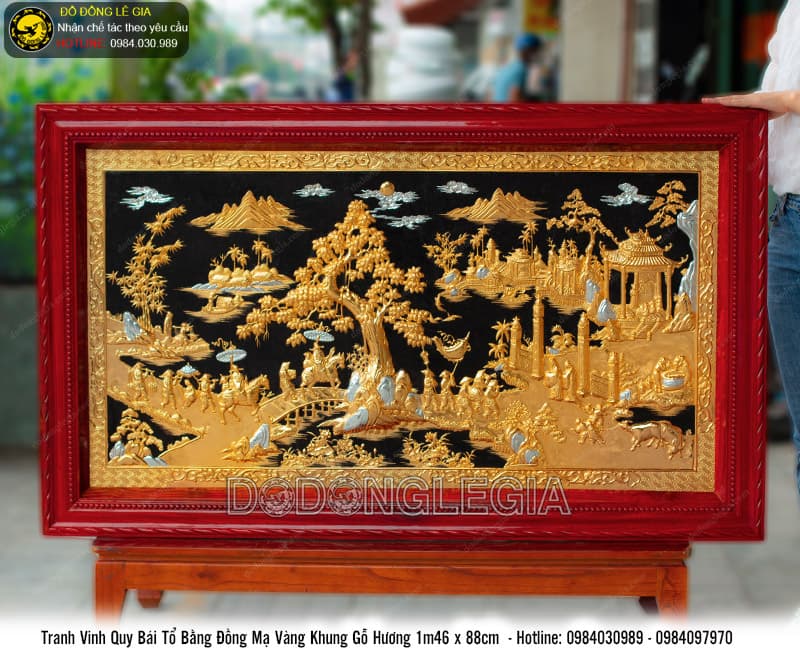 Tranh Vinh Quy Bái Tổ mạ vàng bạc khung gỗ hương 1m46x88cm
