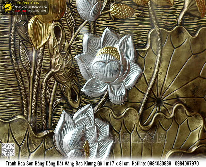 Tranh Hoa Sen Bằng Đồng Dát Vàng Bạc Khung Gỗ 1m17 x 81cm