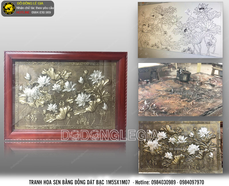 Tranh đồng hoa sen dát bạc 1m55x1m07
