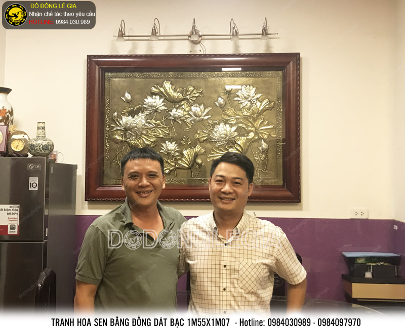 Tranh đồng hoa sen dát bạc 1m55x1m07