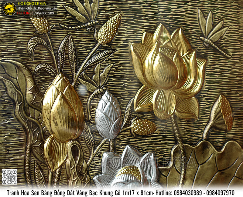 Tranh Hoa Sen Bằng Đồng Dát Vàng Bạc Khung Gỗ 1m17 x 81cm
