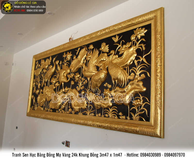 Tranh sen hạc bằng đồng phủ vàng 24k khổ lớn 3m47x1m47