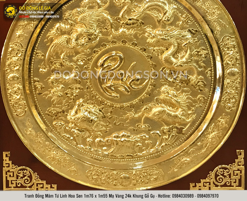 Tranh mâm tứ linh hoa sen mạ vàng 24k