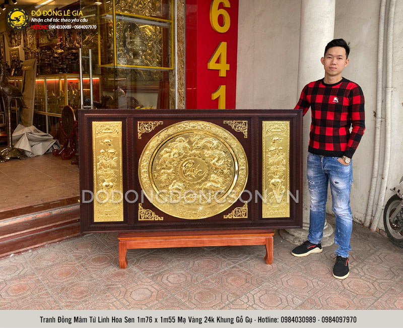 Tranh mâm tứ linh hoa sen mạ vàng 24k