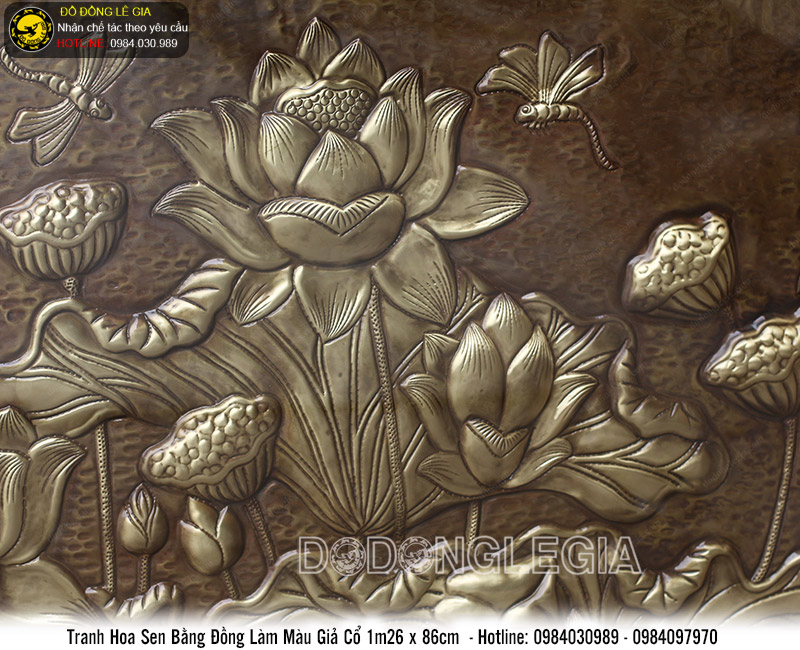 Tranh hoa sen bằng đồng làm màu giả cổ 1m26x86cm