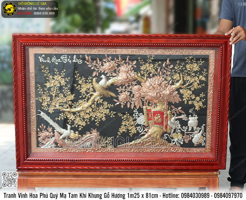 Tranh Vinh Hoa Phú Quý Mạ Tam Khí Khung Gỗ Hương 1m25,5 x 81,5cm