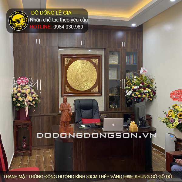 Tranh mặt trống đồng đường kính 80cm thếp vàng 9999 khung gỗ gõ đỏ Nam Phi