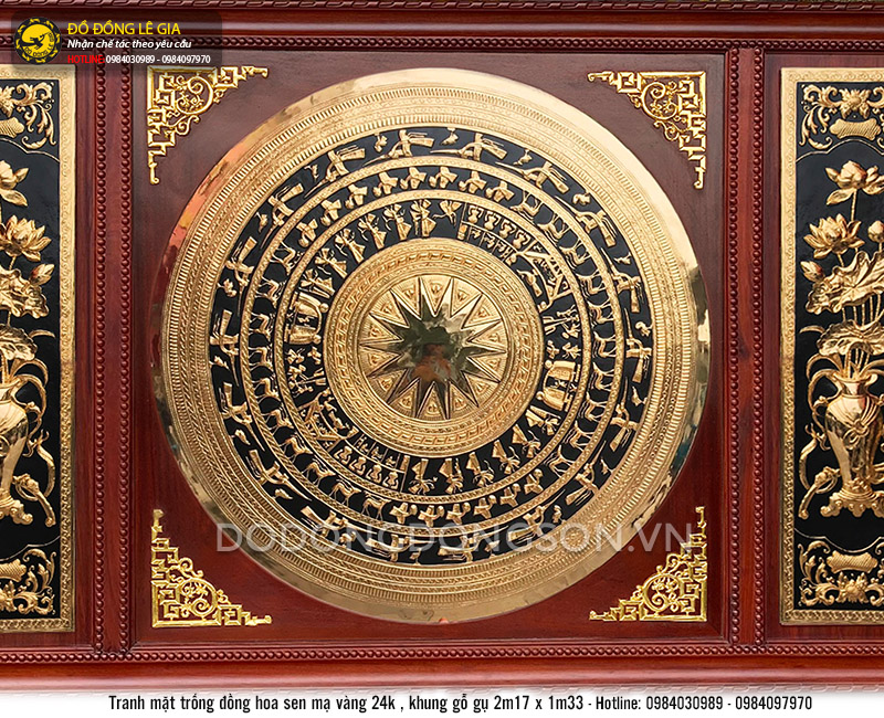 Tranh mặt trống đồng hoa sen mạ vàng 24k 