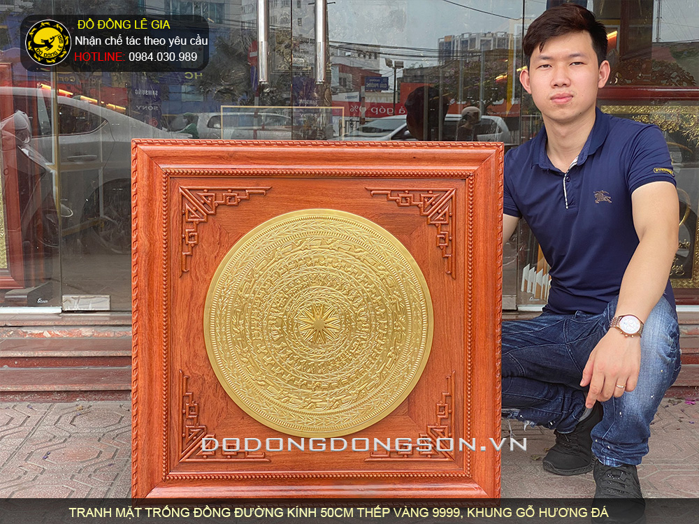 Tranh mặt trống đồng đường kính 50cm thếp vàng 9999