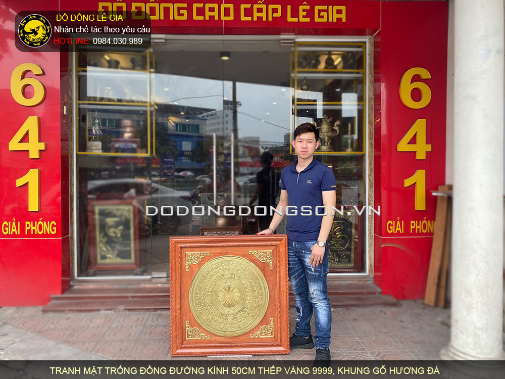 Tranh mặt trống đồng đường kính 50cm thếp vàng 9999
