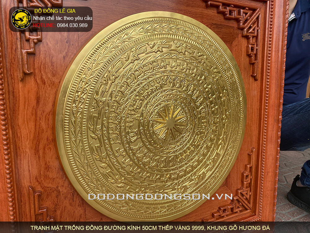 Tranh mặt trống đồng đường kính 50cm thếp vàng 9999
