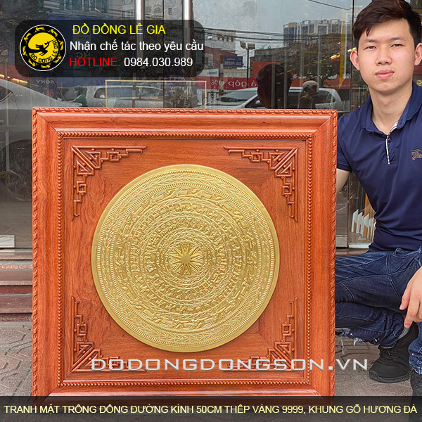 Tranh mặt trống đồng đường kính 50cm thếp vàng 9999