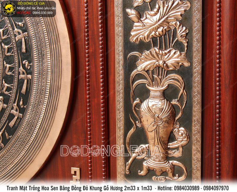 Tranh mặt trống đồng hoa sen khung gỗ hương KT 2m33x1m33