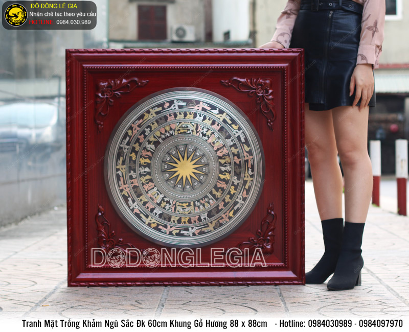 Tranh mặt trống đồng khảm ngũ sắc đường kính 60cm