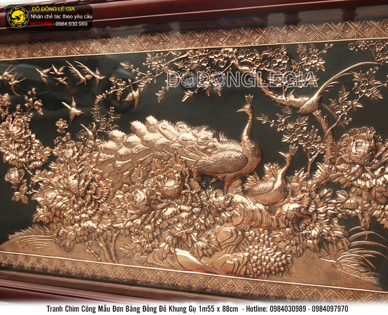 Tranh đồng Chim Công Mẫu Đơn khổ 1m55