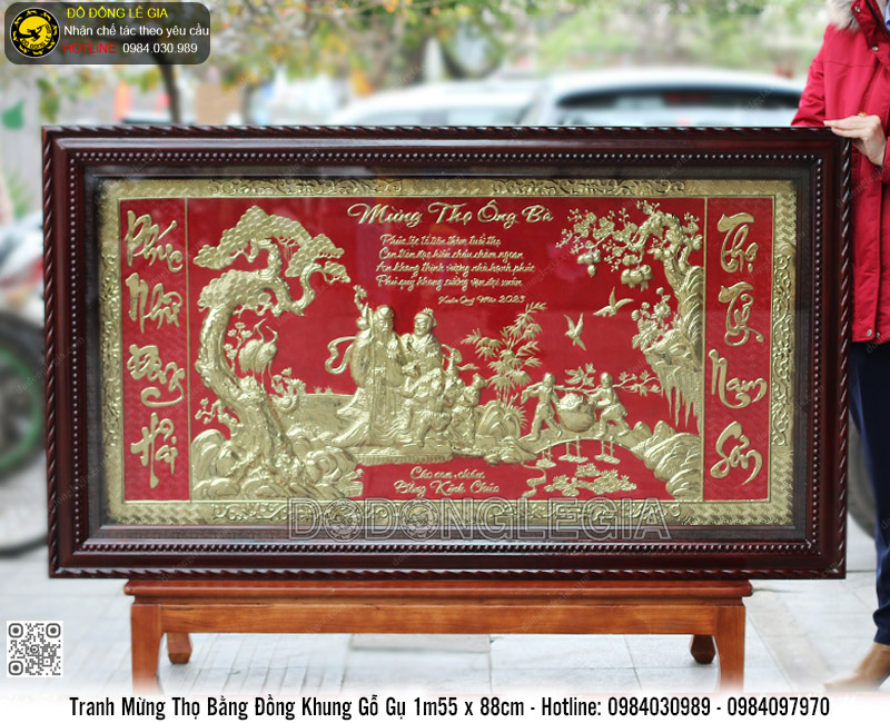Tranh Mừng Thọ Bằng Đồng Khung Gỗ Gụ 1m55 x 88cm