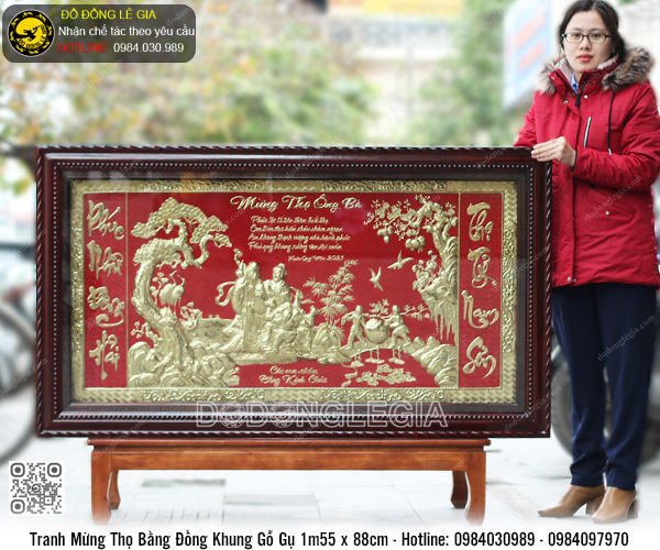 Tranh Mừng Thọ Bằng Đồng Khung Gỗ Gụ 1m55 x 88cm