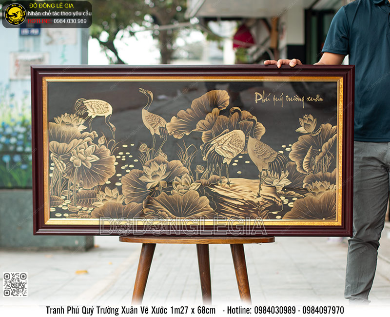 Tranh Sen Hạc Phú Quý Trường Xuân vẽ xước 1m27 x 68cm