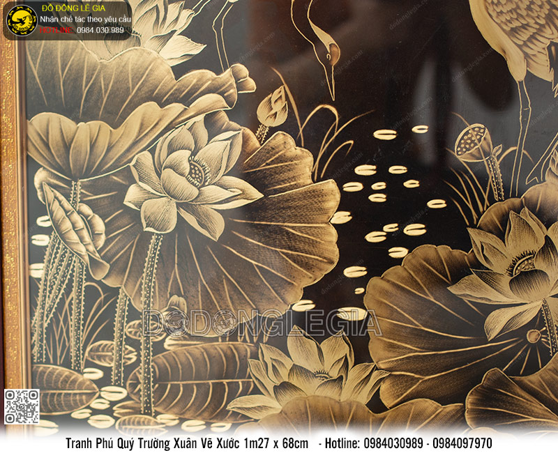 Tranh Sen Hạc Phú Quý Trường Xuân vẽ xước 1m27 x 68cm