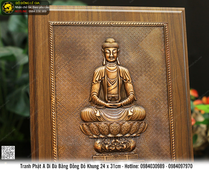 Tranh Phật A Di Đà Bằng Đồng Đỏ Khung 24x31cm