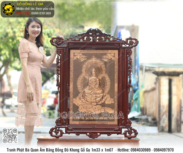 Tranh Phật Bà Quan Âm bằng đồng đỏ khung gỗ gụ 1m33 x 1m07