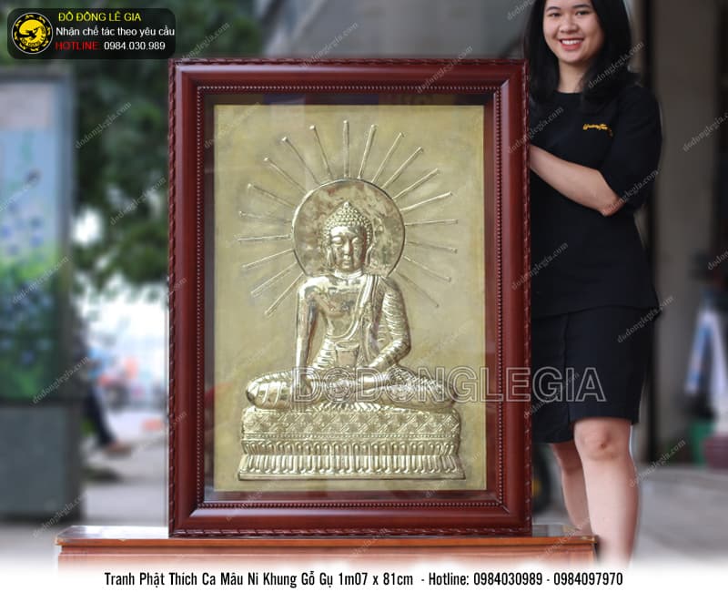 Tranh Phật Thích Ca Mâu Ni khung gỗ gụ 1m07 x 81cm